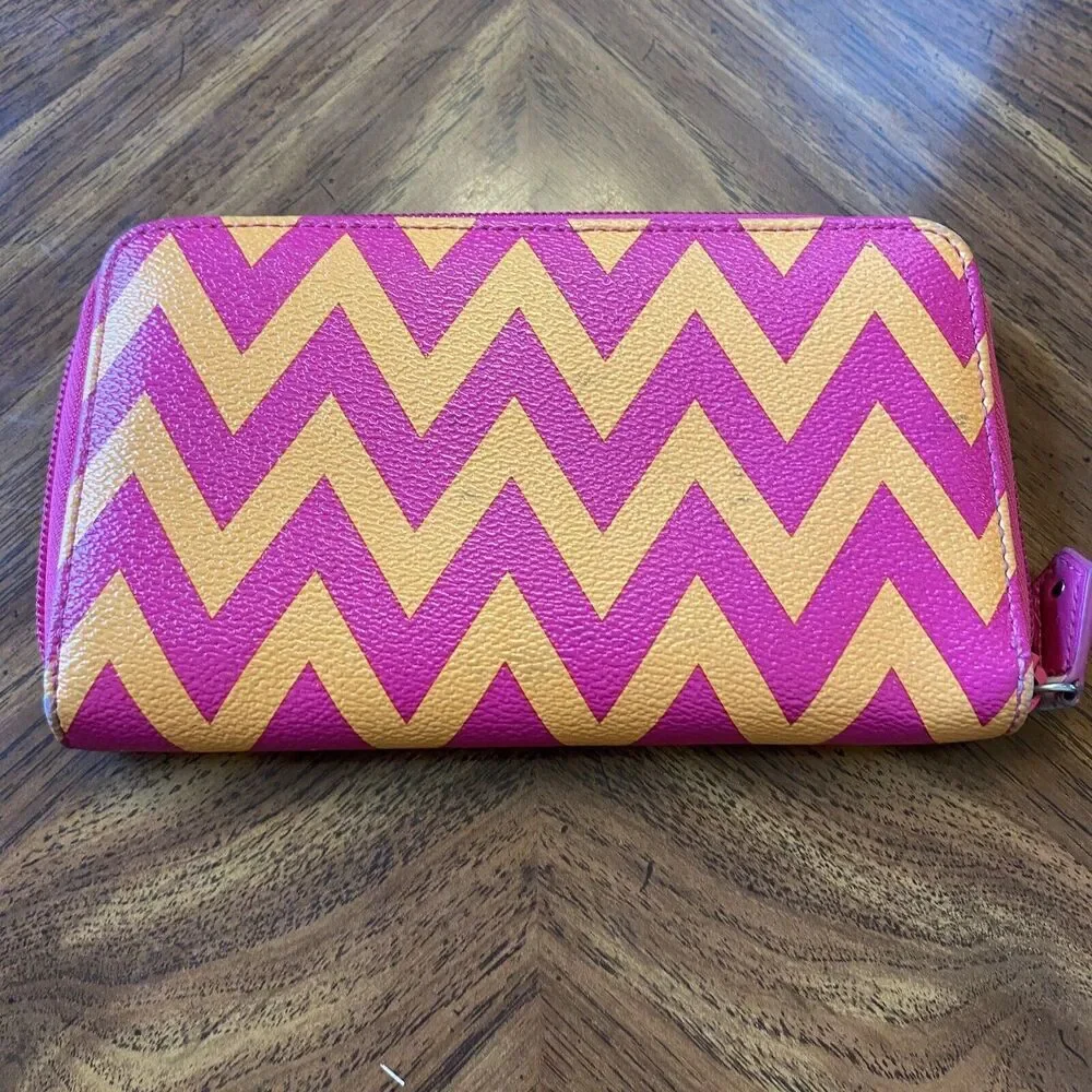 Vera Bradley ZIGGY ZAGS Wallet Yellow & Pink  Zip Around Faux Leather - Picture 6 of 9